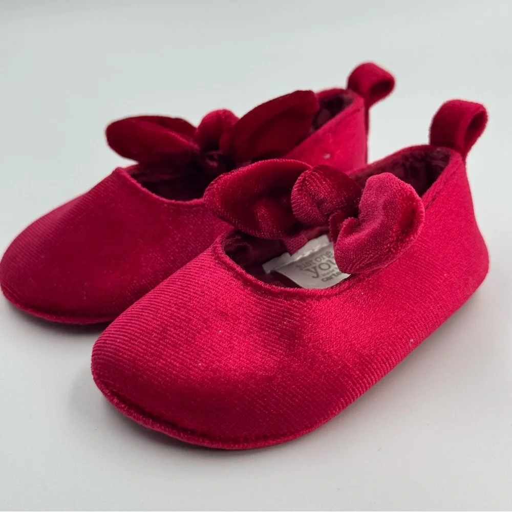 Carter’s Just One You Red Velvet Velour Baby Slip On Dress Shoes with Bows 0-3
